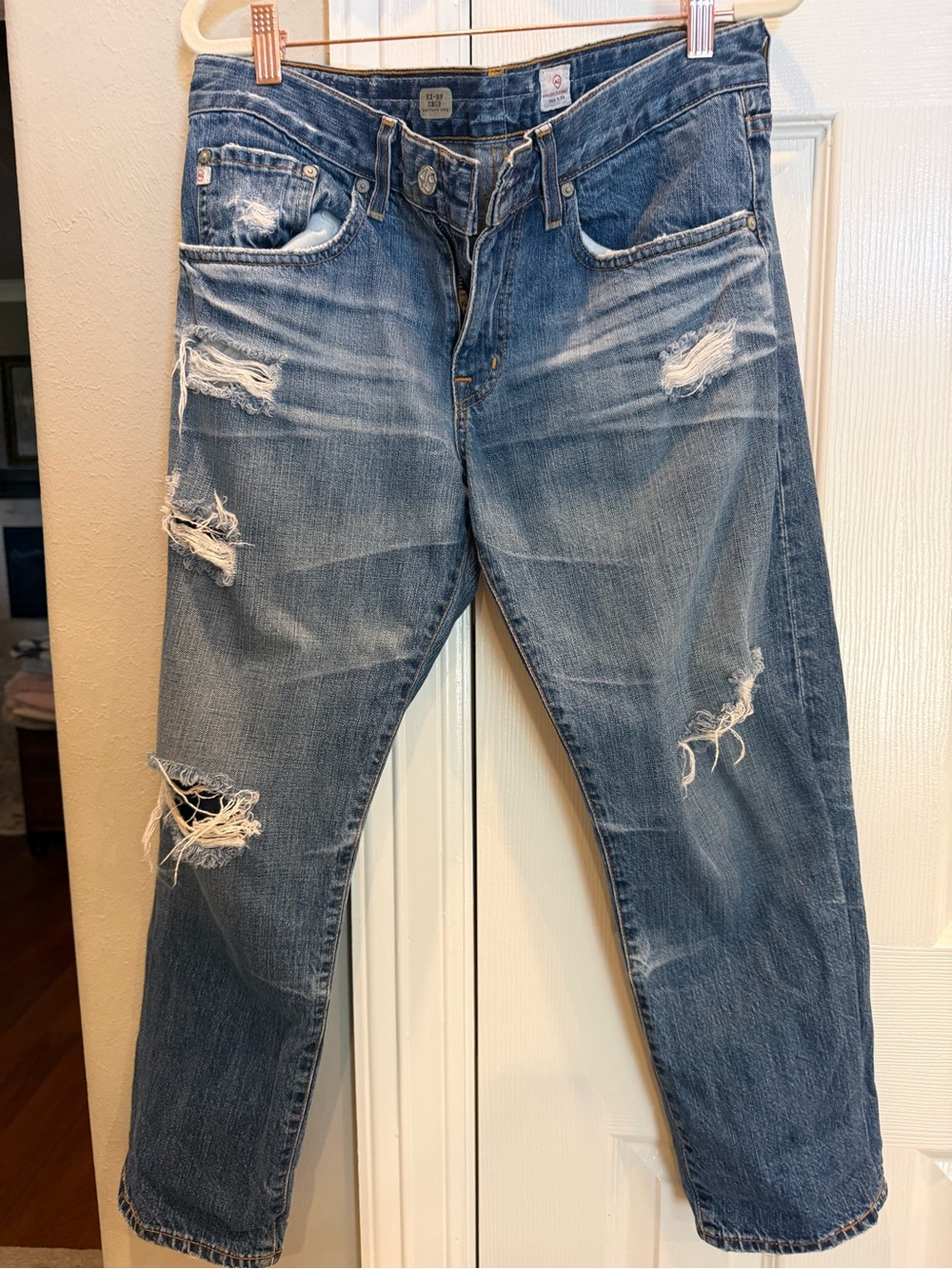 AG Adriano Goldschmied Ex Boyfriend Distressed Blue Cropped Jeans